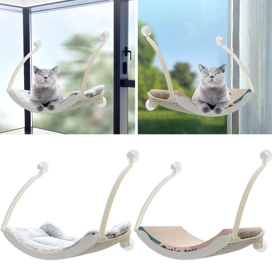 Flannel cat window bed with powerful suction cups, a comfy perch for sunbathing relaxation.