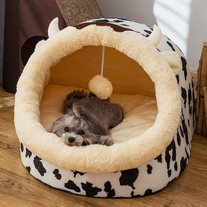 Ultimate comfort cow cat bed with cute ears & horns. A super soft, washable pet bed, perfect cozy retreat for your feline.