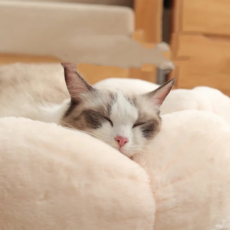 Plush flower-shaped cat bed offering a soft & comfortable relaxation spot for cats. Feline furniture.