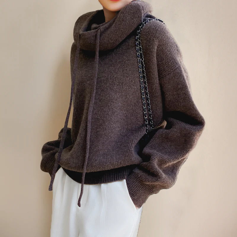Brown women's hooded top, a relaxed fit casual wear sweater. Perfect layering piece for cozy fashion.