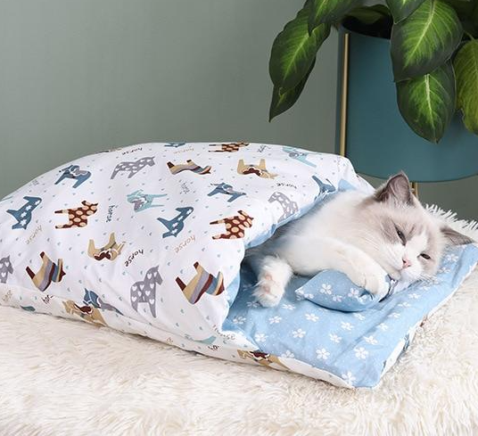 Cozy cat sleeping bag, a warm, snug pet bed hideaway for your feline's comfort & security.