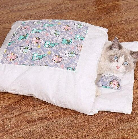 Ultimate comfort plush cat sleeping bag. A warm pet bed for cozy feline relaxation & deep sleep.