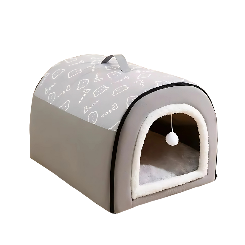Brown and grey cozy pet bed, easily foldable for indoor pet relaxation.