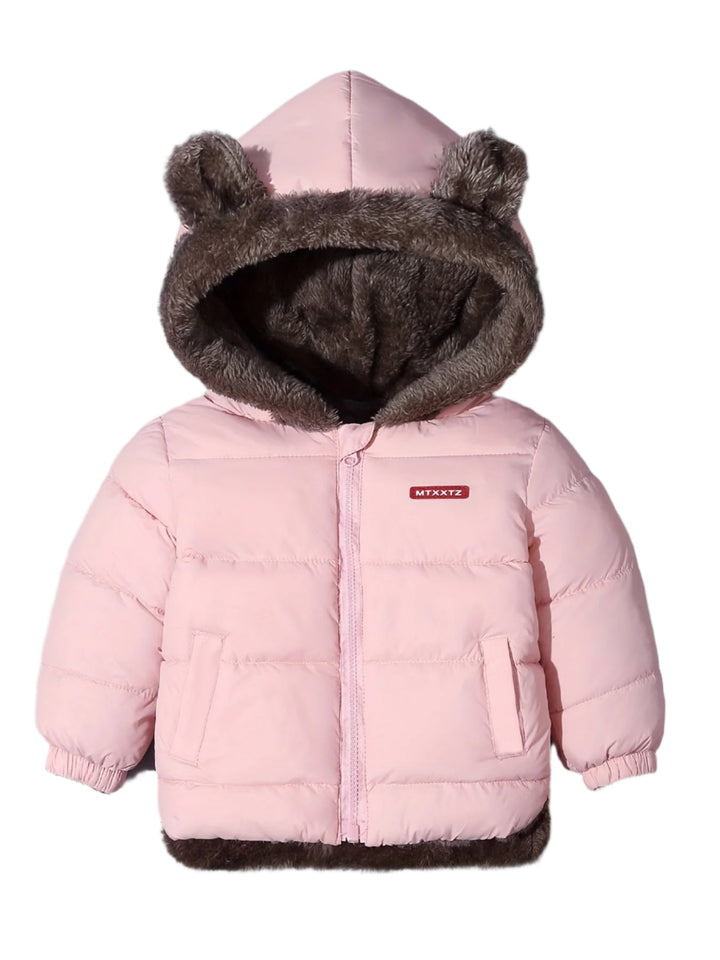 Warm winter coat for boys & girls, featuring a cozy bear hug design & bear ears. Essential cold weather gear.