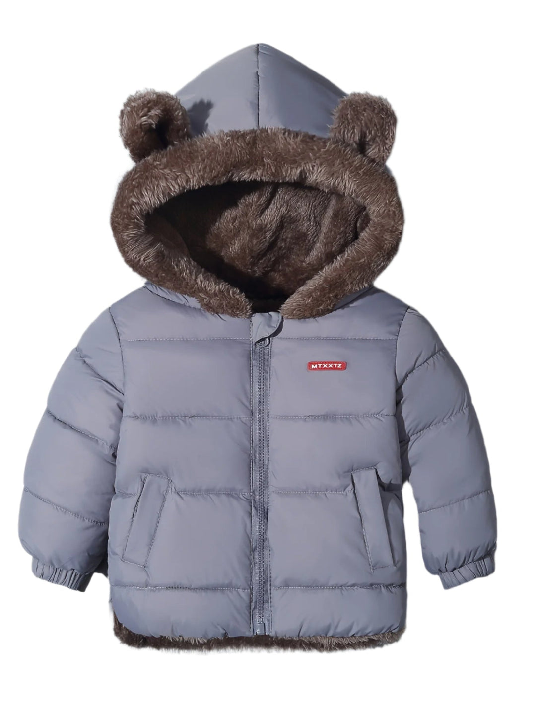 Kids' Cozy Bear Hug Winter Coat with warm hood & bear ears. Designed for ultimate warmth during cold outdoor adventures.