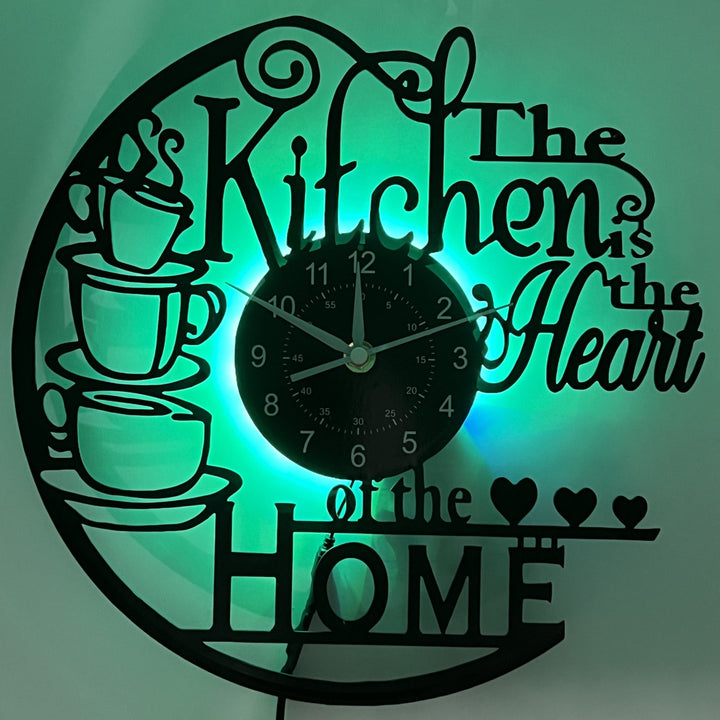 Warm and inviting kitchen wall clock with customizable LED color options.