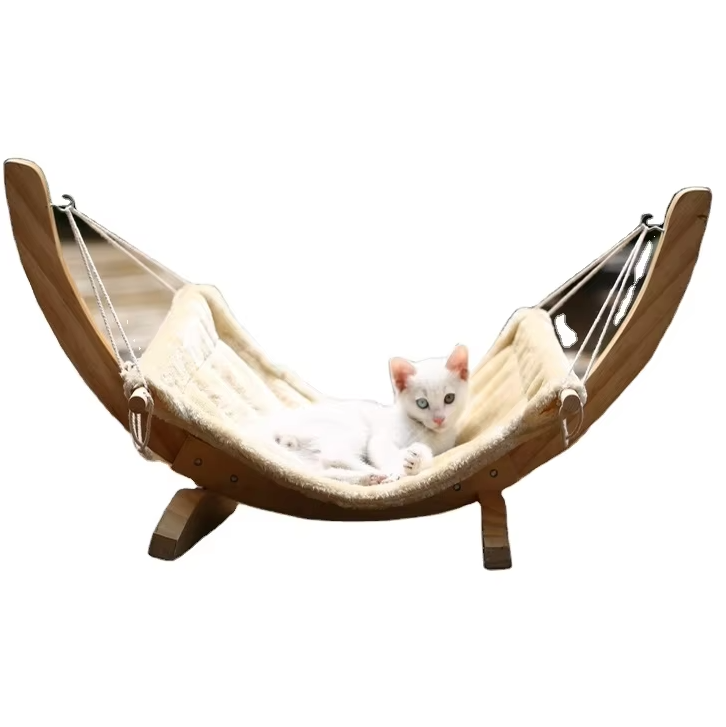Cozy leopard print cat hammock with washable soft cover, perfect for a wooden pet bed. Durable & comfortable for feline rest.