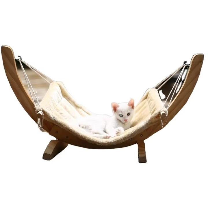 Cozy leopard print cat hammock with washable soft cover, perfect for a wooden pet bed. Durable & comfortable for feline rest.