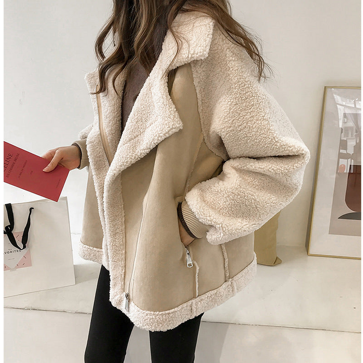 Trendy women's oversized color block zip-up jacket, stylish & warm outerwear for fall and winter fashion.