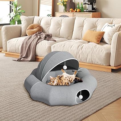 Cozy pet bed for cats & small dogs with removable roof & plush toy. Soft animal accessory for comfort.