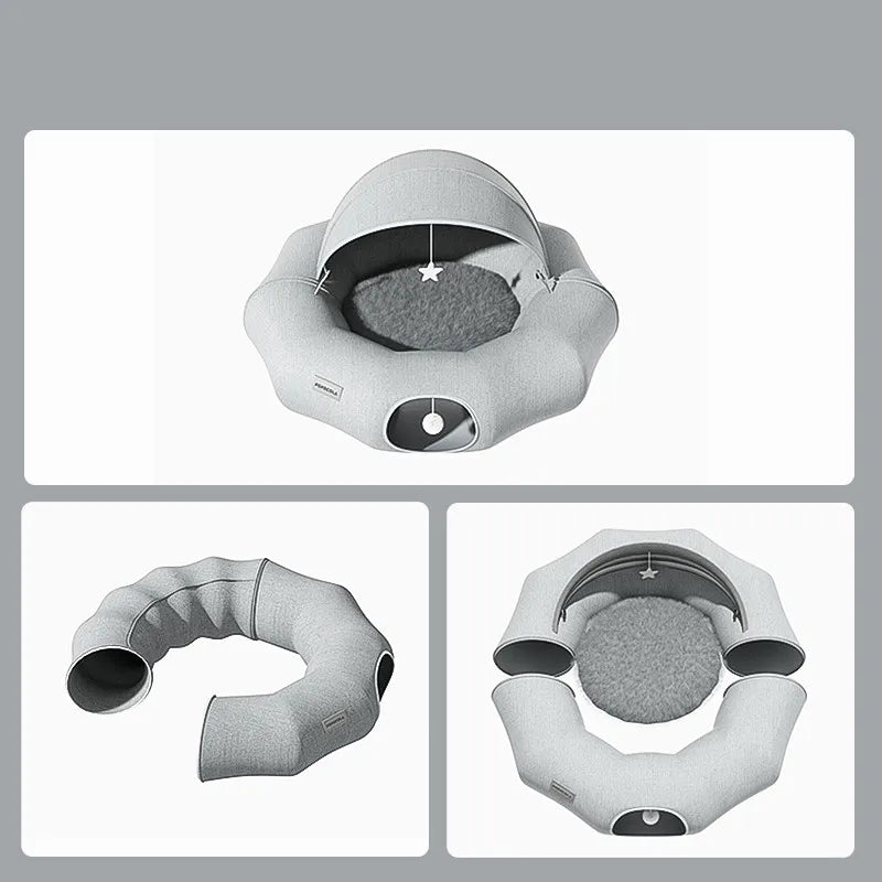 Luxury pet bed for cats & small dogs, a cozy cat house with a detachable roof and fun attached toy.