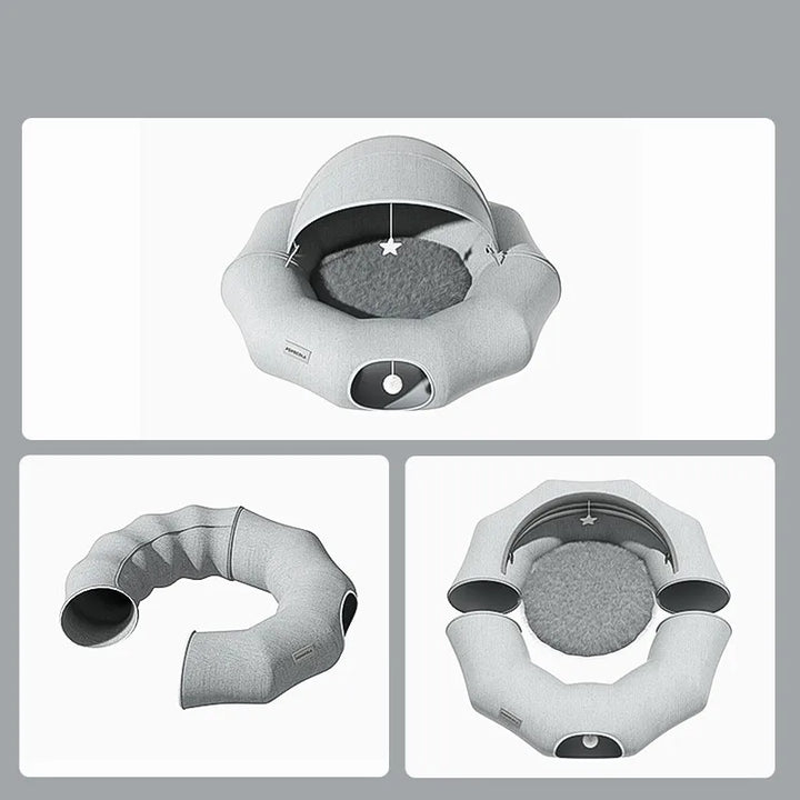 Luxury pet bed for cats & small dogs, a cozy cat house with a detachable roof and fun attached toy.