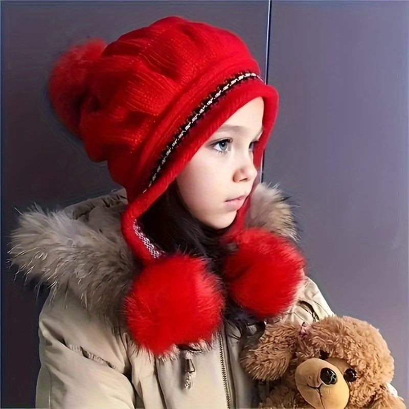 Kids' knit pom-pom winter hat with ear flaps, ensuring warmth & a cozy feel for little ones.