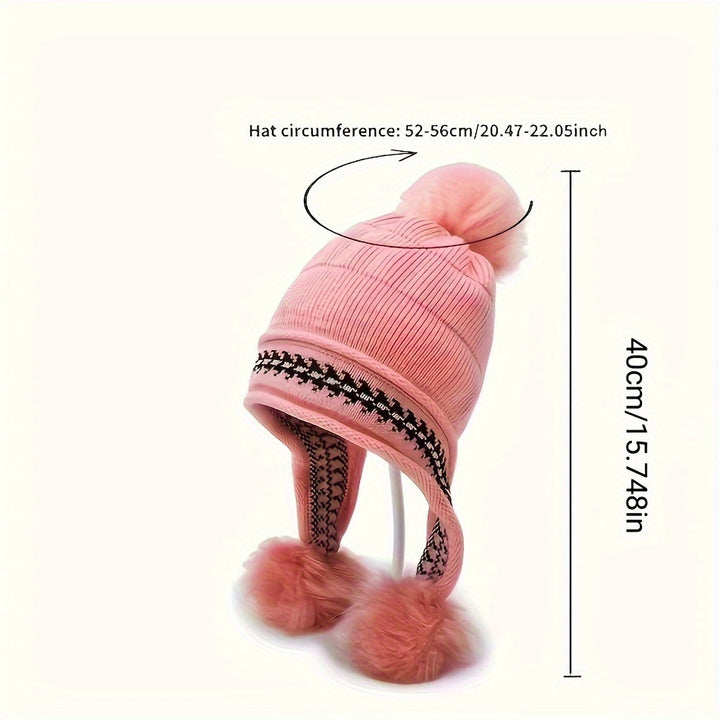 Stylish pink knit winter hat for kids, featuring ear flaps & a fluffy pom-pom for ultimate warmth.