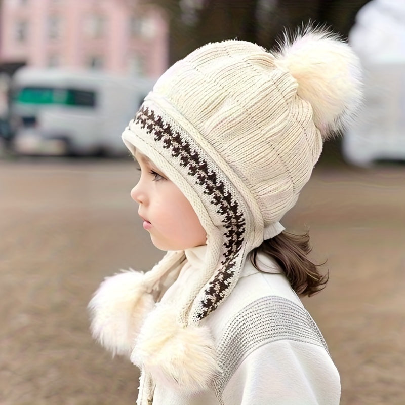 Warm children's knit winter hat, perfect for toddlers. Features ear flaps & a cute pom-pom.