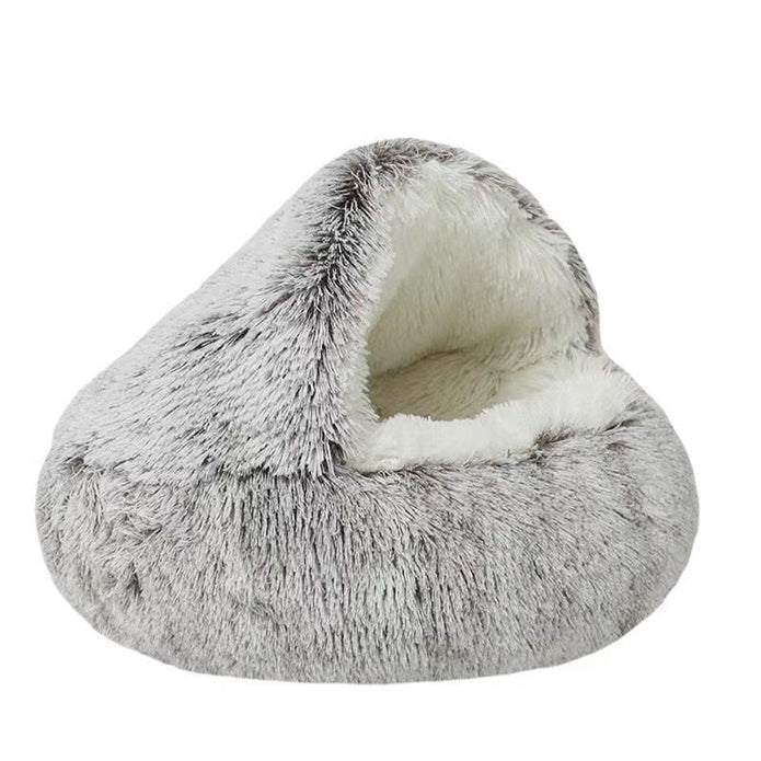 Washable plush pet cave bed in a neutral gray, perfect for dog or cat comfort.