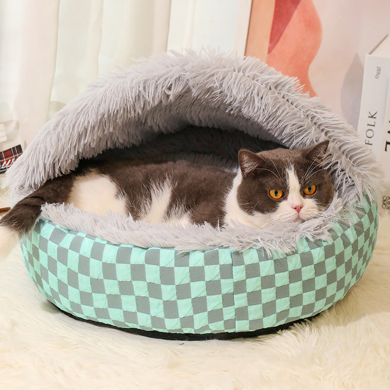 Soft plush plaid cat cave bed, a warm & secure hideaway. Perfect pet bed for cozy feline rest.