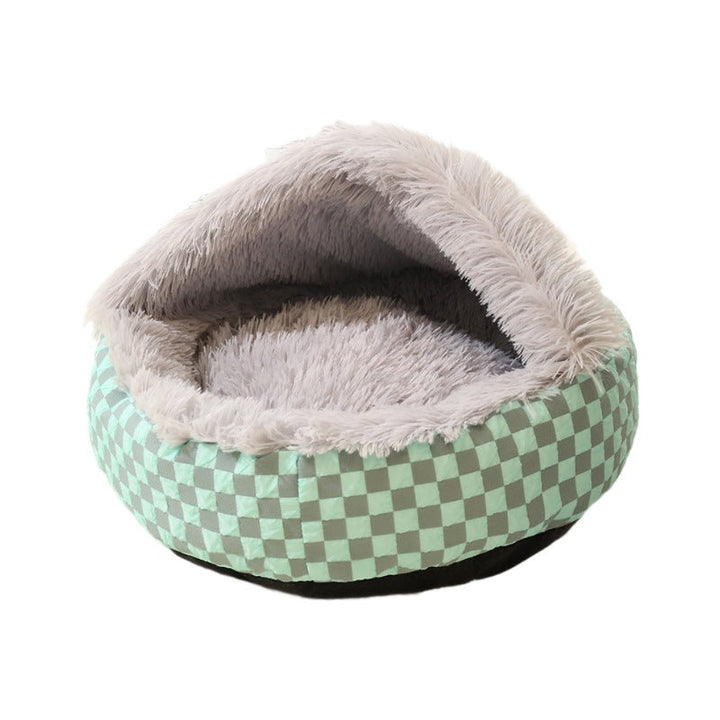 Secure feline pet cave bed with a soft plaid design. Warm, cozy hideaway for a peaceful cat nap.