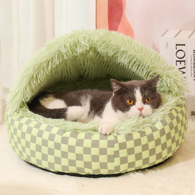 Warm & cozy plaid cat bed, a plush pet cave hideaway. Provides ultimate comfort for your feline friend.