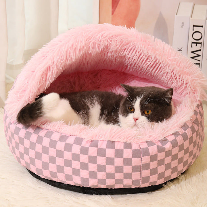 Feline's Cozy Plaid Cat Cave, a warm & secure plush pet bed. Soft hideaway for cats to rest & relax.