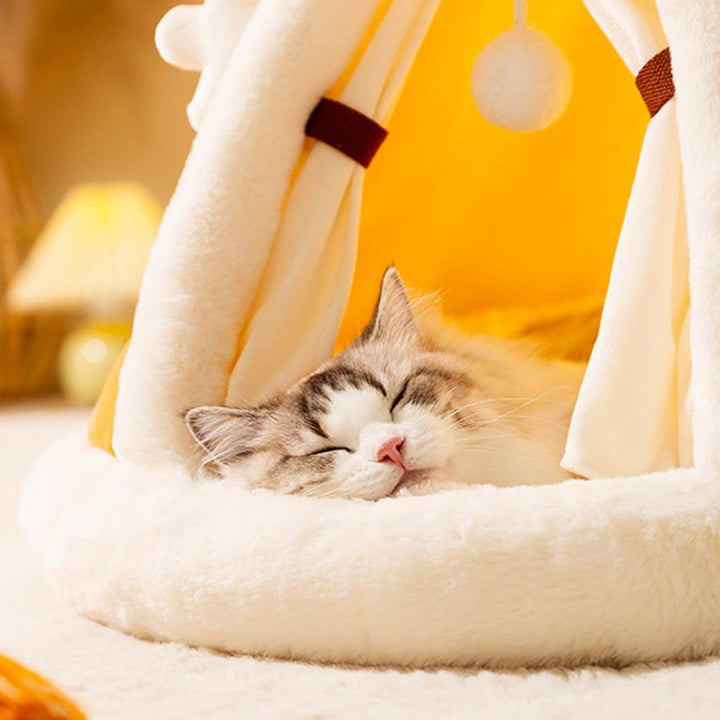 Stylish plush cat bed tent, a comfortable feline hideaway. Perfect pet house for play & relaxation.