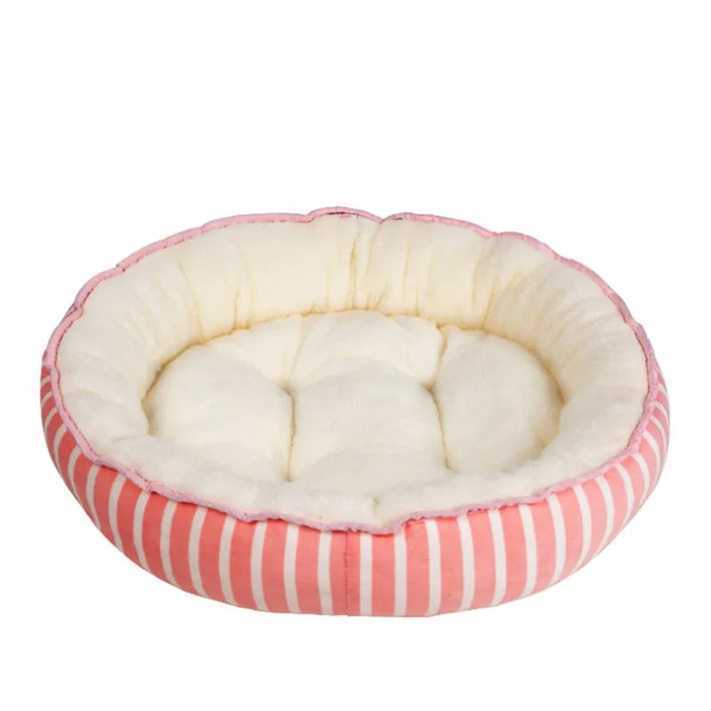 Plush, washable round pet bed in a neutral tone, ideal for dogs & cats. Ultimate comfort accessory.