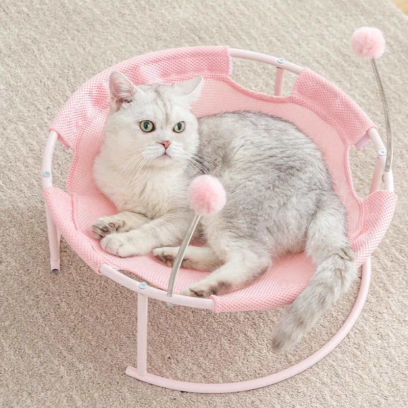 Rosa round cat bed hammock with play balls, durable cat furniture for playful cats.