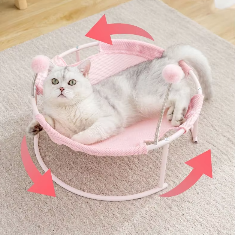 Interactive cat hammock lounger with play balls, a round pet bed designed for comfort & play.