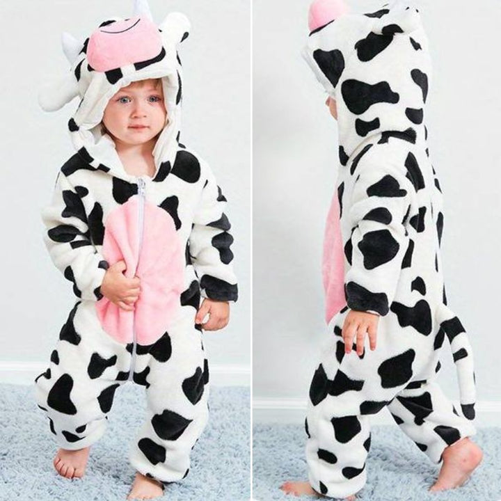 Fuzzy animal print onesie for toddlers, ideal for cozy indoor fun.