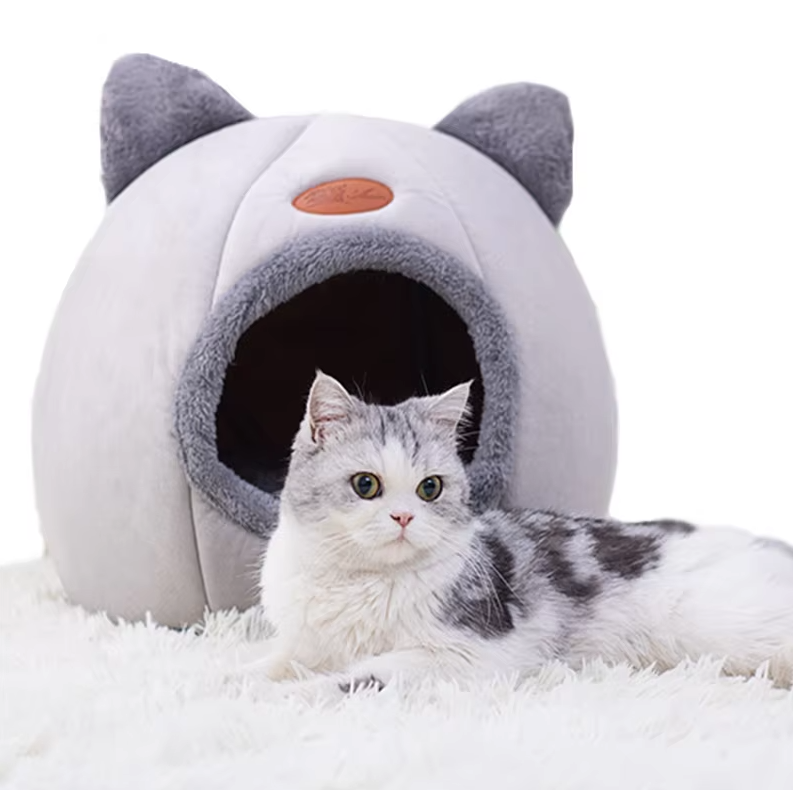 Cozy warming cat bed, a soft pet house with removable cushion for ultimate feline comfort. Gray/Black options.