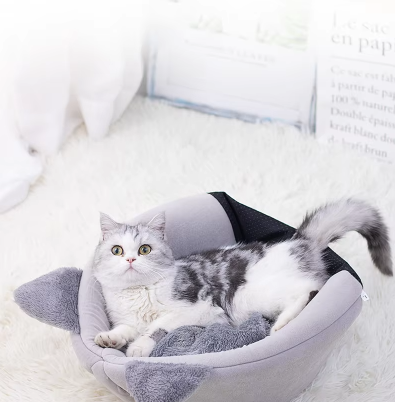 Black soft cat bed, a warming pet house with a removable cushion, providing a cozy sanctuary for cats & small dogs.