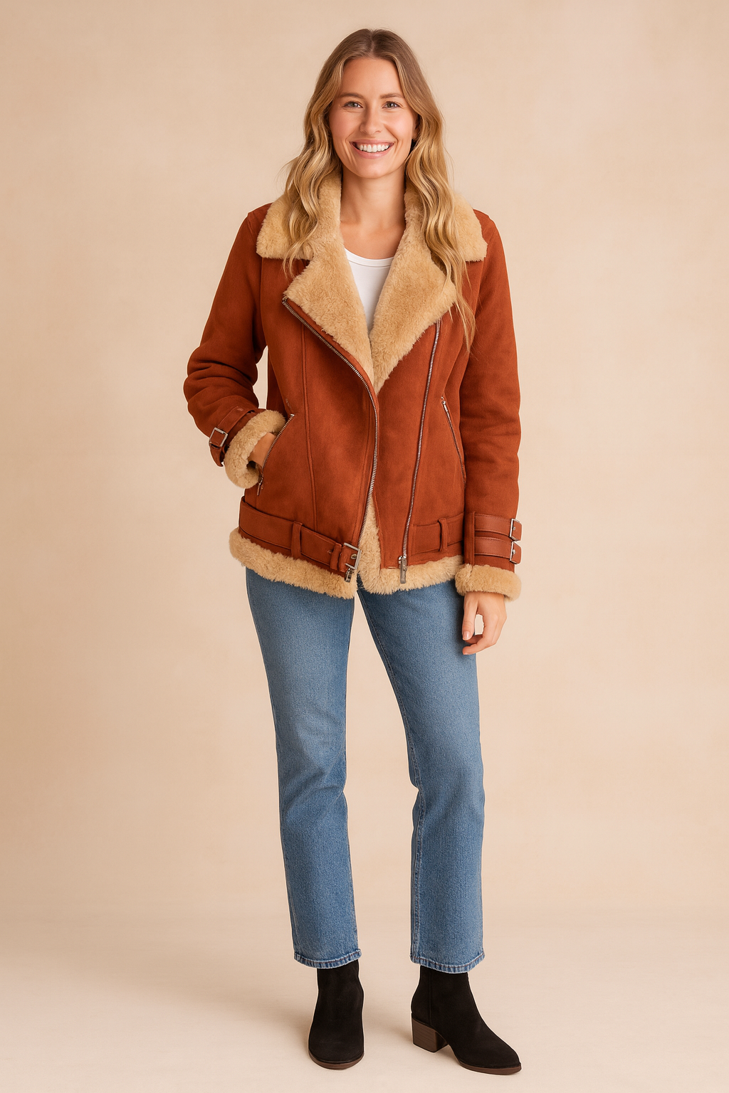 Cozy women's aviator shearling jacket with stylish stripes, perfect winter fashion.