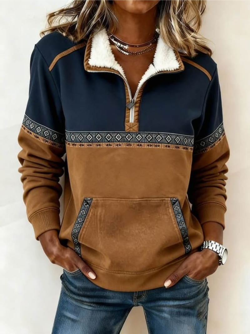 Cozy women's half zip long sleeve colorblock pullover sweater with a relaxed fit and front pocket for casual wear.