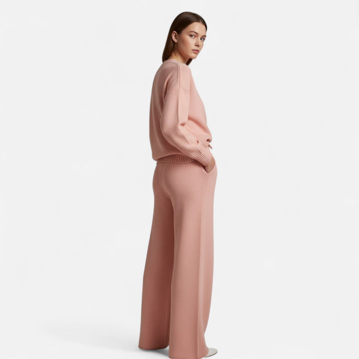 Casual women's knitwear set with comfortable wide-leg trousers for winter style.
