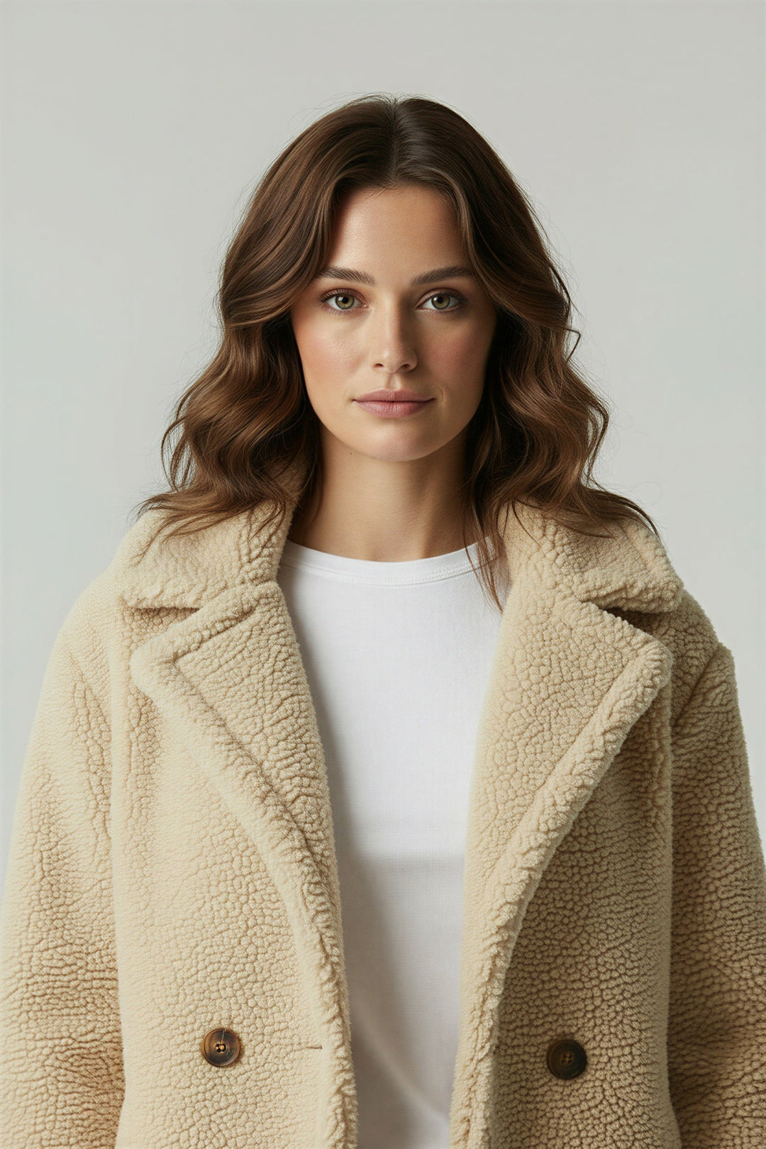 Cozy women's oversized sherpa winter jacket in a warm teddy bear style.