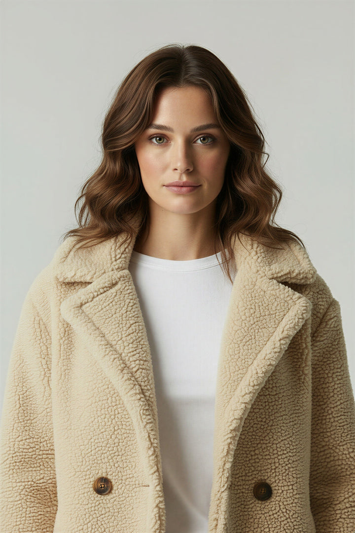 Cozy women's oversized sherpa winter jacket in a warm teddy bear style.