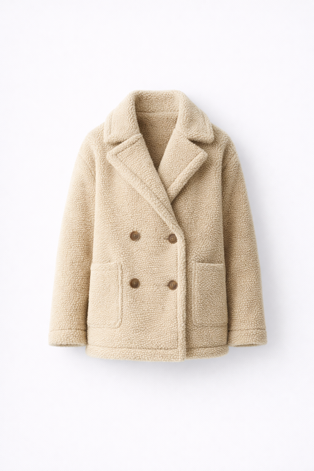 A woman modeling the oversized sherpa jacket, showcasing its relaxed fit.