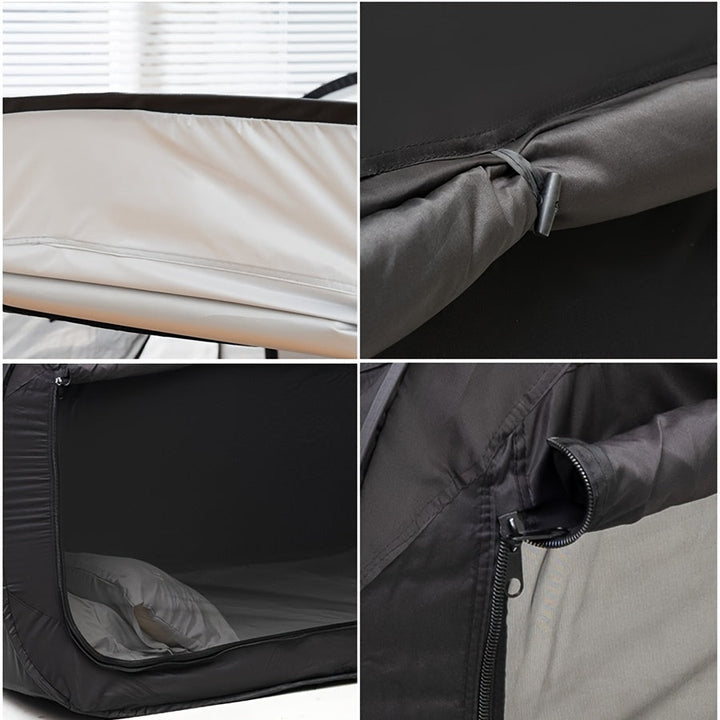 CozyNest folding tent bed in a natural outdoor setting, ready for relaxation.