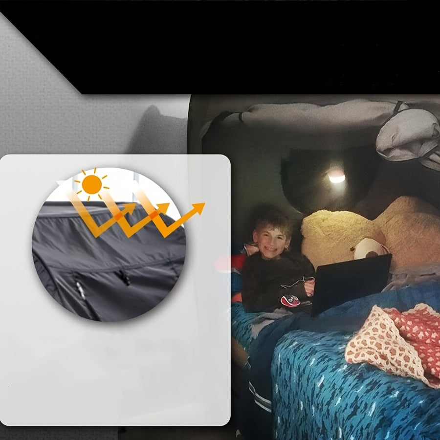 Close-up of the CozyNest folding tent bed's features and materials.