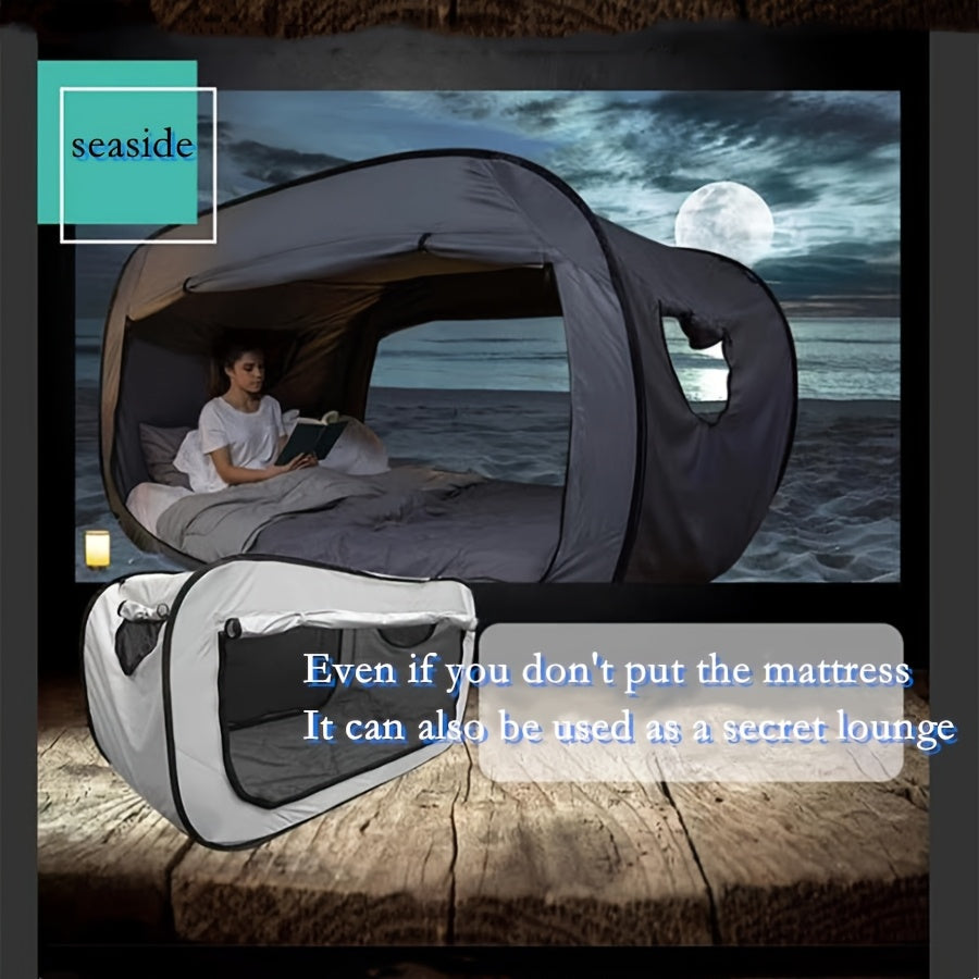 Student-friendly CozyNest folding tent bed offering private sleeping space.