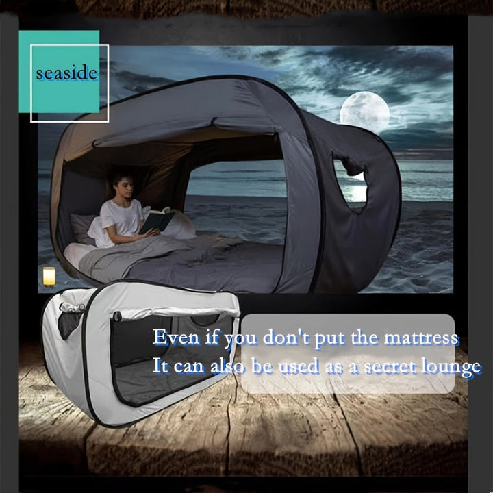 Student-friendly CozyNest folding tent bed offering private sleeping space.