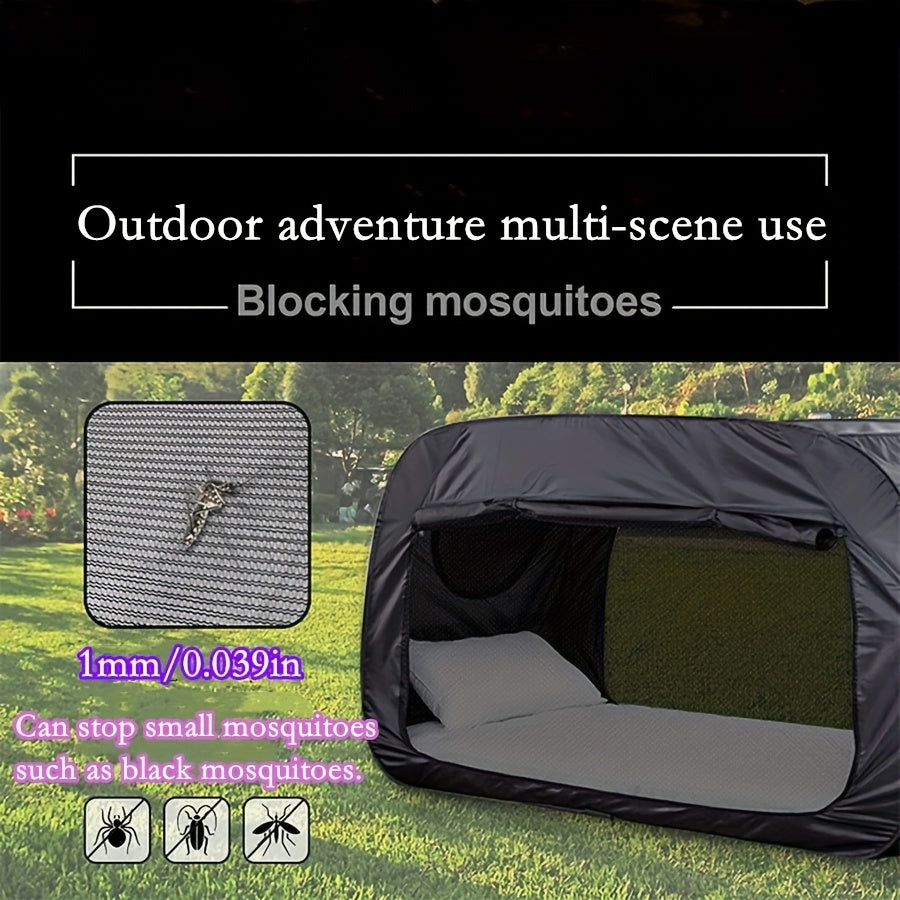 Open CozyNest folding tent bed revealing a comfortable sleeping surface.