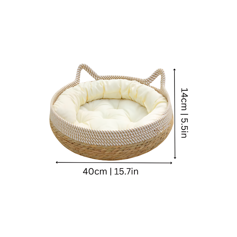 Handcrafted cat bed with a durable sisal rope scratching post and integrated cat toy.
