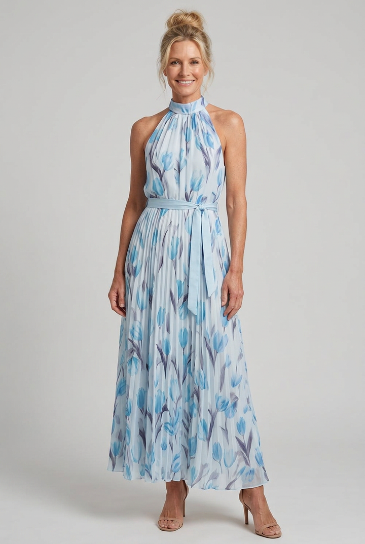 Beautiful light blue floral midi dress, a must-have halter neck summer staple.