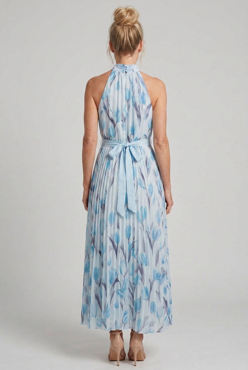 Feminine cream floral midi dress with a flattering halter neck, ideal for summer elegance.