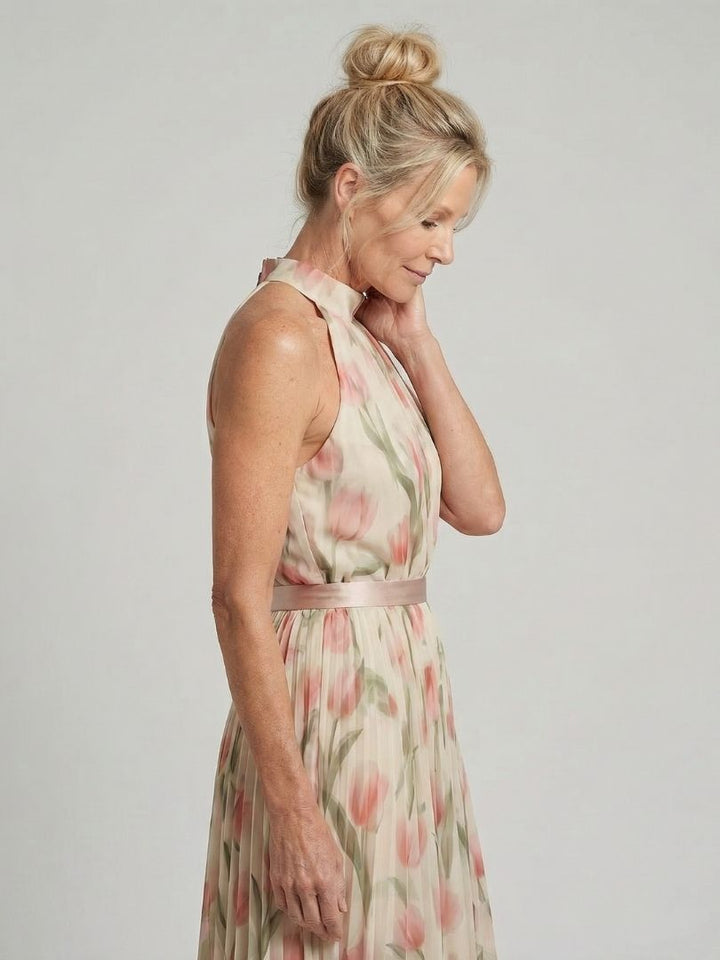 Elegant light blue floral midi dress with a stylish halter neck for women's summer.