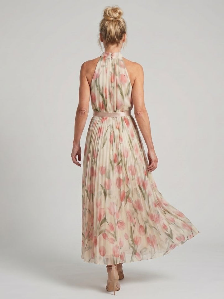 Elegant cream floral midi dress for women, perfect halter neck summer fashion statement.