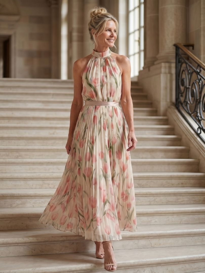 Light blue floral midi dress, a stunning halter neck summer vacation essential for her.