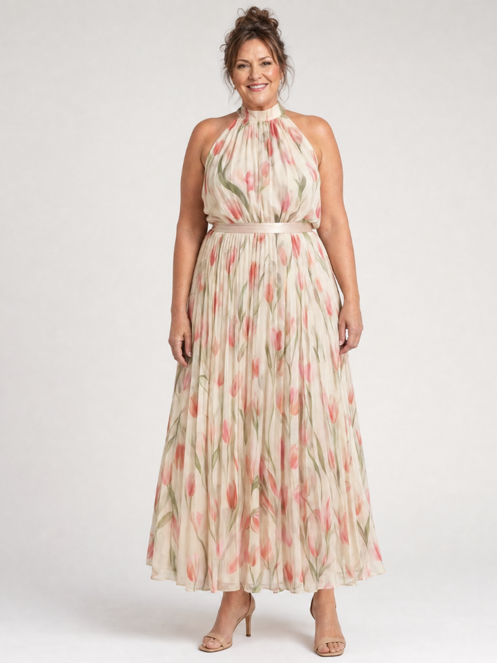 Vibrant yellow floral summer midi dress, comfortable halter neck for women's fashion.