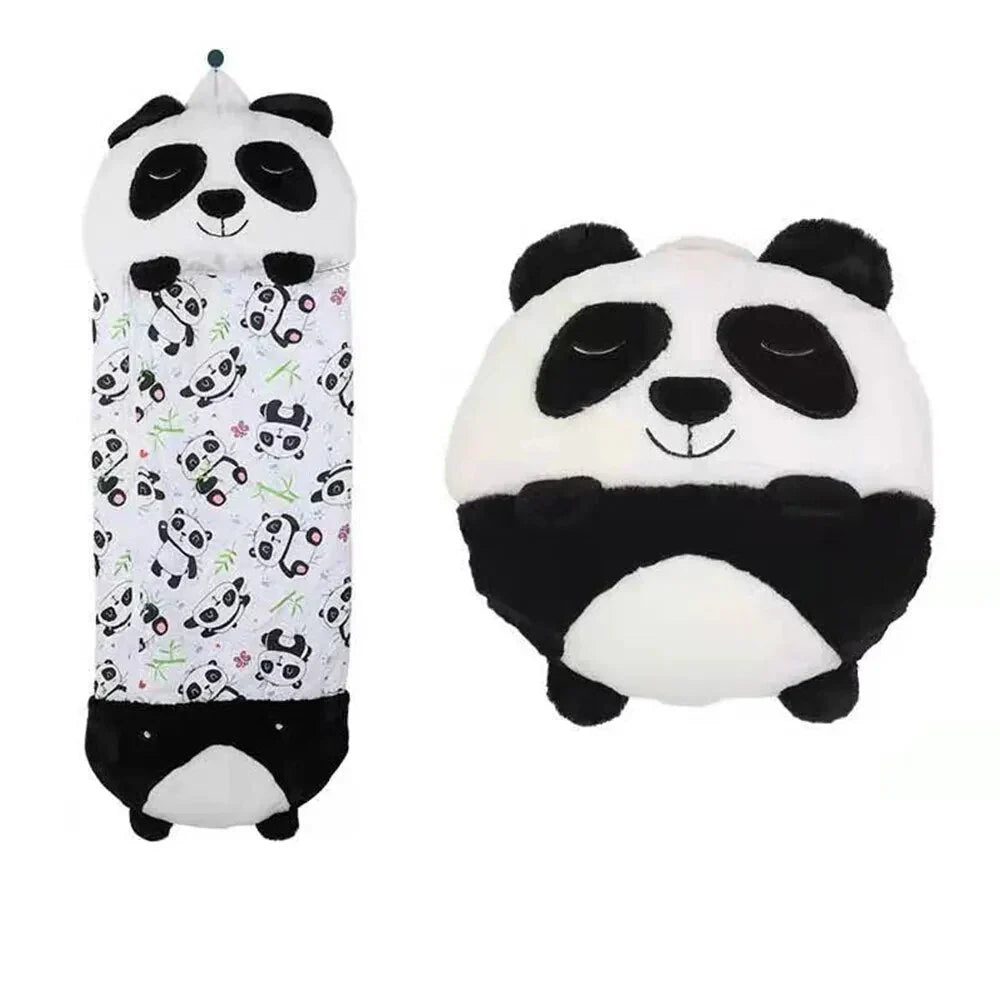 Cute animal sleeping bag for kids, converts to a plush cuddle toy. Perfect for naps & sleepovers.